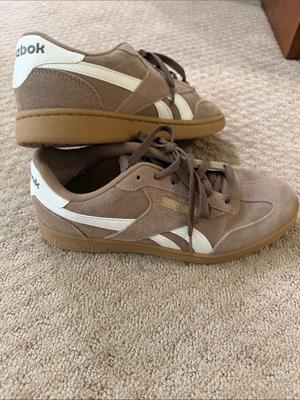 Reebok Taupe Suede Sneakers with White Stripes